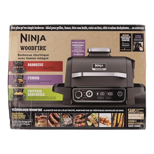 Ninja Woodfire barbecue électrique, grill, fumoir & air fryer, barbecue extérieur 7 en 1, grill, air fryer, fumer, rôtir, four, résistant aux intempéries, antiadhésif, portatif, gris/noir OG701EU