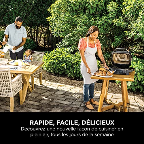 Ninja Woodfire barbecue électrique, grill, fumoir & air fryer, barbecue extérieur 7 en 1, grill, air fryer, fumer, rôtir, four, résistant aux intempéries, antiadhésif, portatif, gris/noir OG701EU