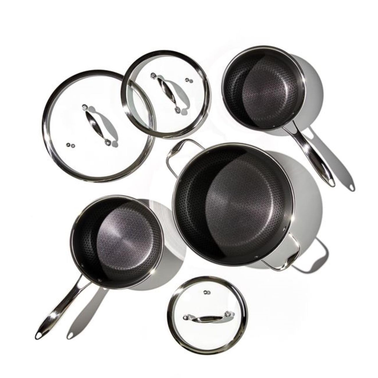 HexClad Batterie de cuisine hybride 6 pièces – Ensemble de casseroles de 2, 3 et 8 pintes avec 3 couvercles en verre, poignée antiadhésive – Sans PFOA, lave-vaisselle, passe au four