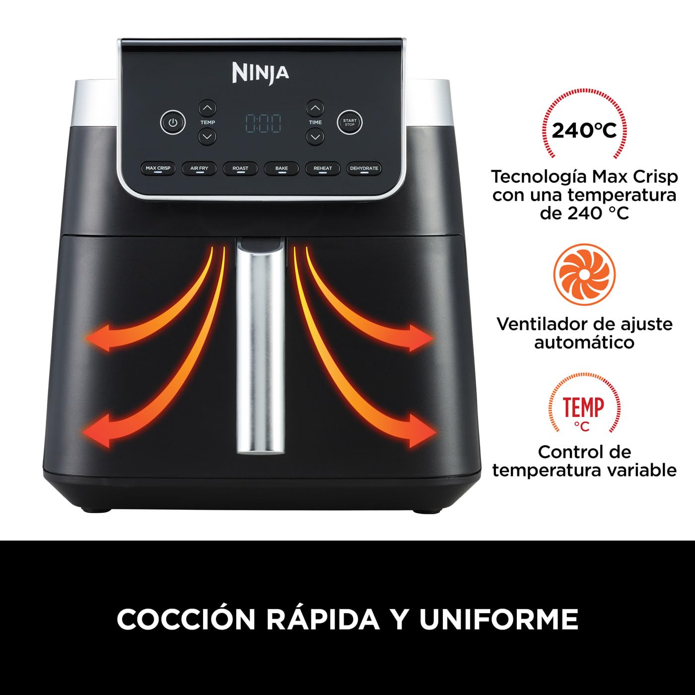 Ninja Air Fryer MAX PRO, 6.2L, sans huile, grand tiroir, rôtir, cuire, frire, familial, numérique, produits congelés, antiadhésif, panier et plaque de cuisson compatibles lave-vaisselle, gris, AF180EU