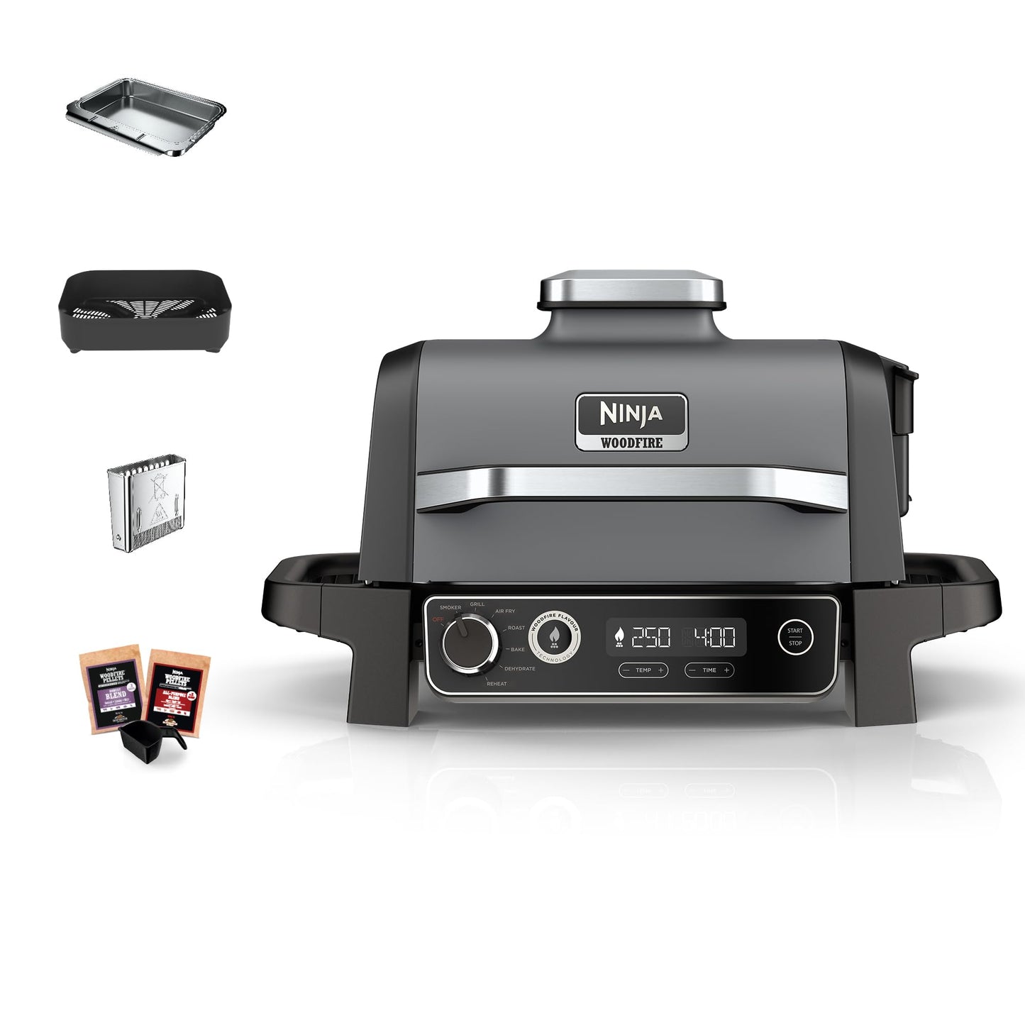 Ninja Woodfire barbecue électrique, grill, fumoir & air fryer, barbecue extérieur 7 en 1, grill, air fryer, fumer, rôtir, four, résistant aux intempéries, antiadhésif, portatif, gris/noir OG701EU