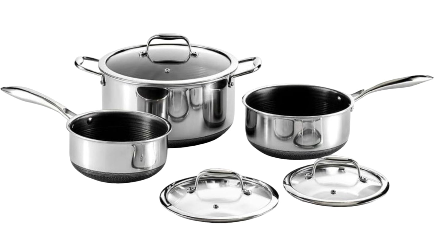 HexClad Batterie de cuisine hybride 6 pièces – Ensemble de casseroles de 2, 3 et 8 pintes avec 3 couvercles en verre, poignée antiadhésive – Sans PFOA, lave-vaisselle, passe au four