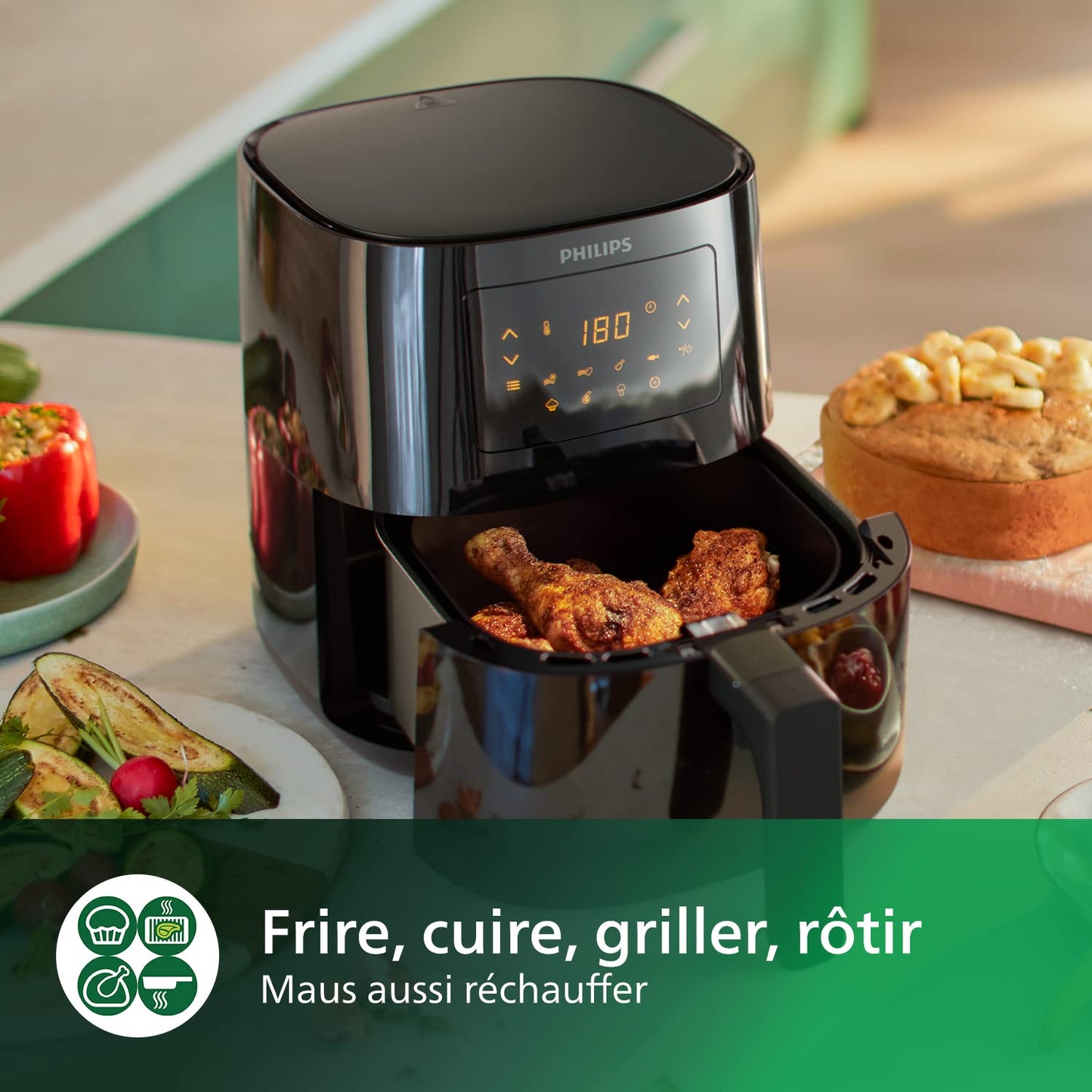 Philips Domestic Appliances Airfryer Série 3000 L, 4.1L (0.8Kg), Airfryer 13 en 1, 90% de graisse en moins grâce à la technologie Rapid Air, Digitale, Application de recette HomeID (HD9252/90)