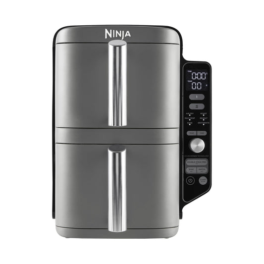 Ninja Double Stack XL Friteuse sans huile, friteuse verticale à 2 tiroirs, 4 niveaux cuisson, 2 tiroirs et 2 grilles, design compact, capacité de 9,5L, 6 fonctions de cuisson, 8 portions, gris SL400EU