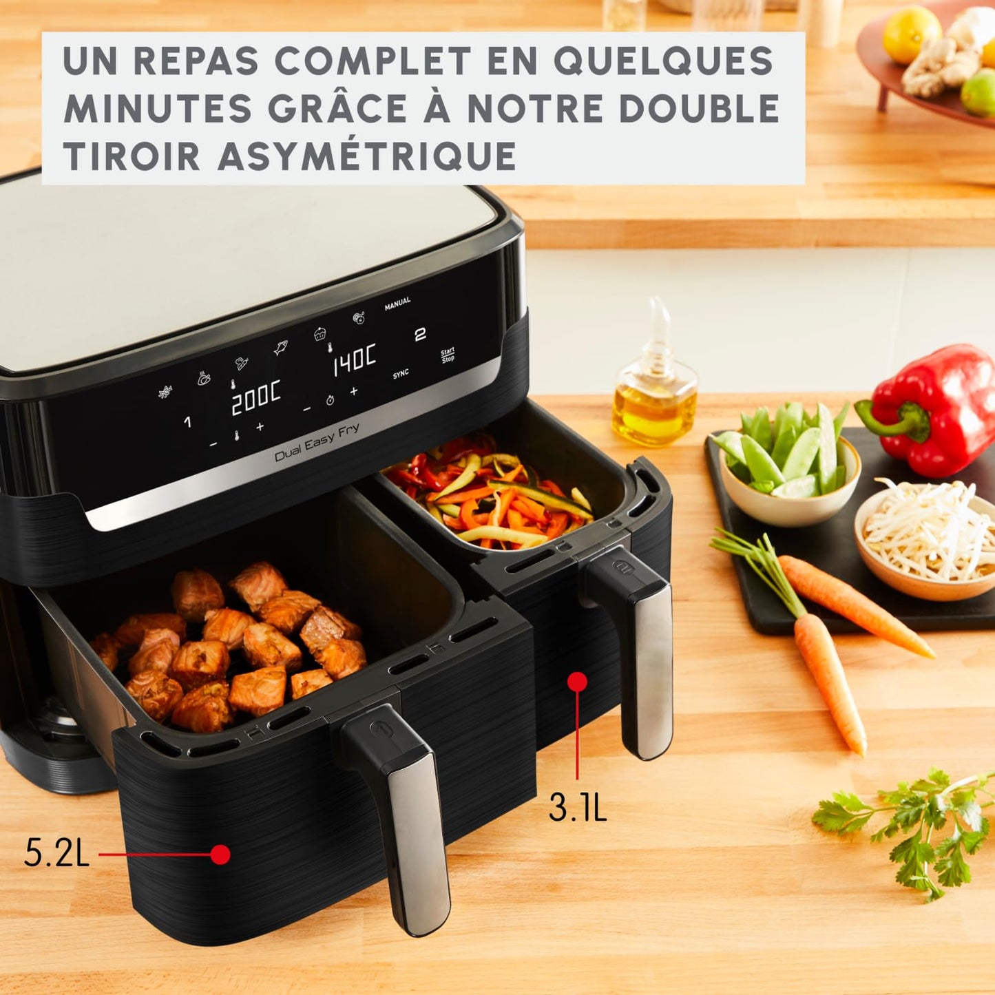 Moulinex Easy Fry Dual Friteuse sans huile, Capacité 8,3 L, Jusqu'à 8 personnes, 7 programmes automatiques, Ecran digital, Économie d'énergie, Application Moulinex, air fryer EZ901820