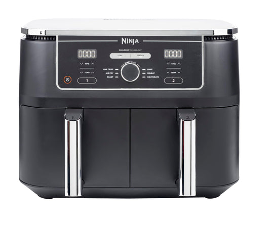 NINJA Foodi MAX Dual Zone Air Fryer, 2 Tiroirs, 9,5L, 6-en-1, Sans Huile, Air Fry, Croustillant Max, Rôtir, Cuire, Déshydrater, 8 Portions, Paniers Antiadhésifs Vont Au Lave-Vaisselle, Noir AF400EU