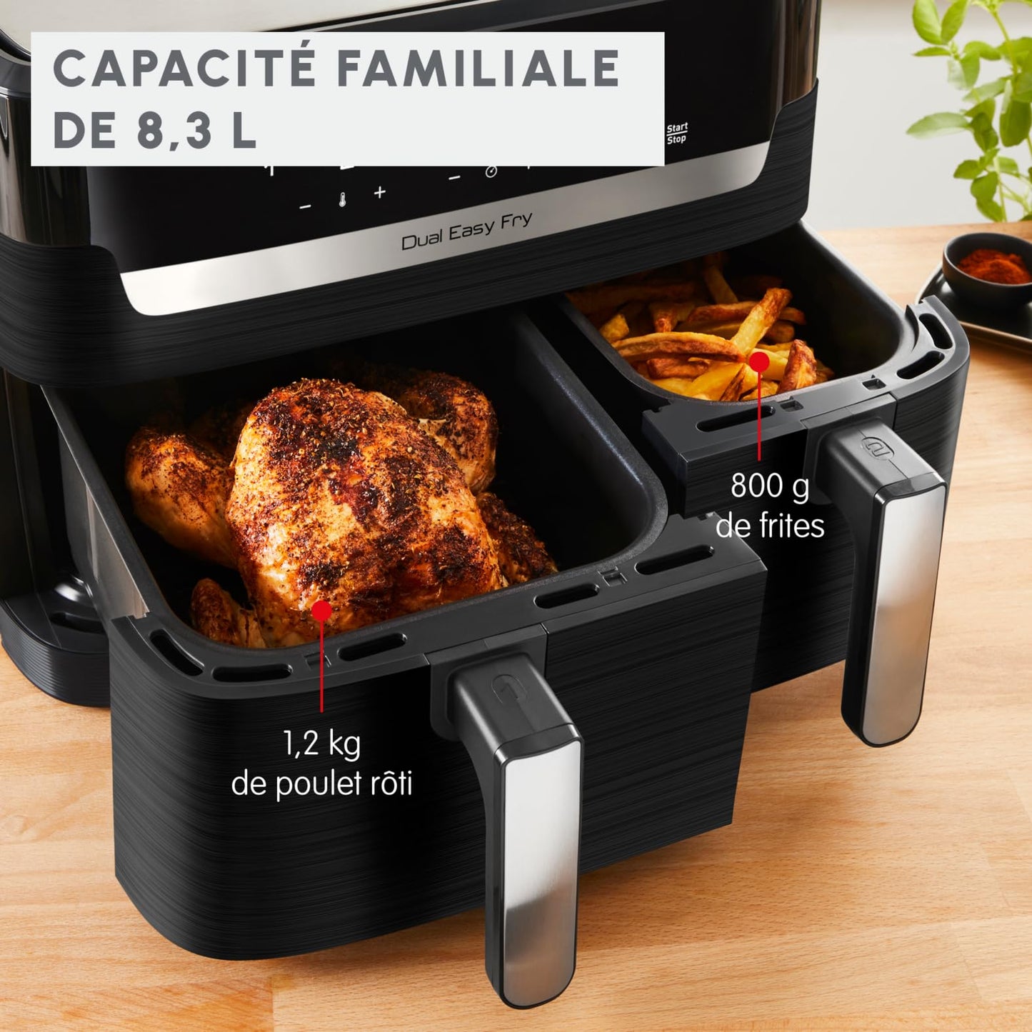 Moulinex Easy Fry Dual Friteuse sans huile, Capacité 8,3 L, Jusqu'à 8 personnes, 7 programmes automatiques, Ecran digital, Économie d'énergie, Application Moulinex, air fryer EZ901820