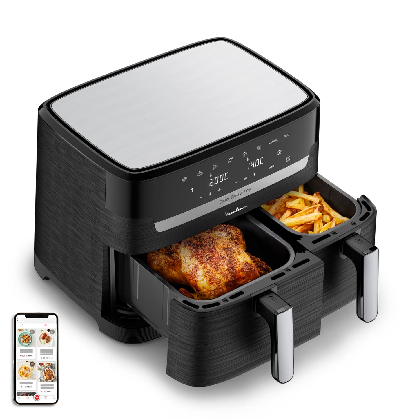 Moulinex Easy Fry Dual Friteuse sans huile, Capacité 8,3 L, Jusqu'à 8 personnes, 7 programmes automatiques, Ecran digital, Économie d'énergie, Application Moulinex, air fryer EZ901820