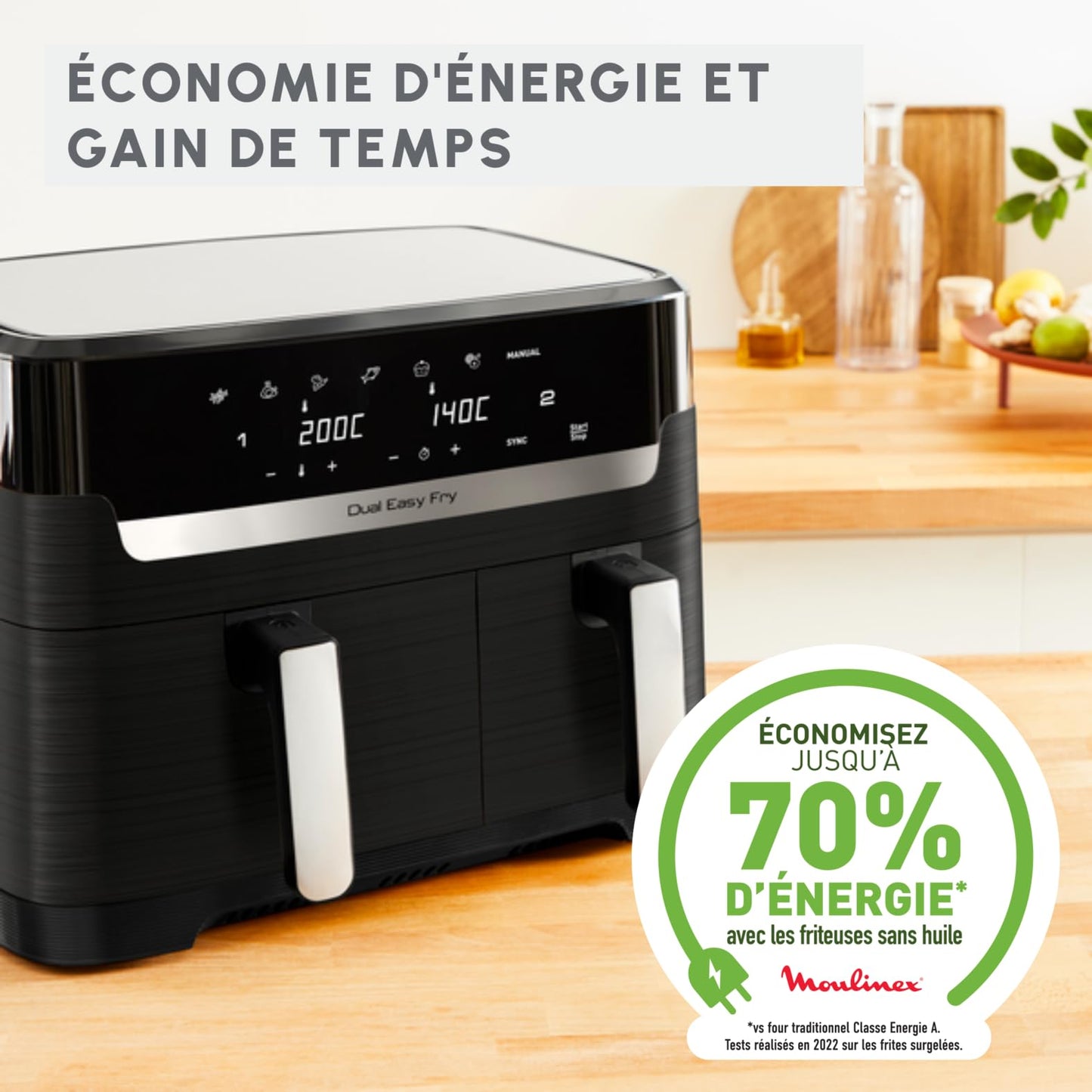 Moulinex Easy Fry Dual Friteuse sans huile, Capacité 8,3 L, Jusqu'à 8 personnes, 7 programmes automatiques, Ecran digital, Économie d'énergie, Application Moulinex, air fryer EZ901820