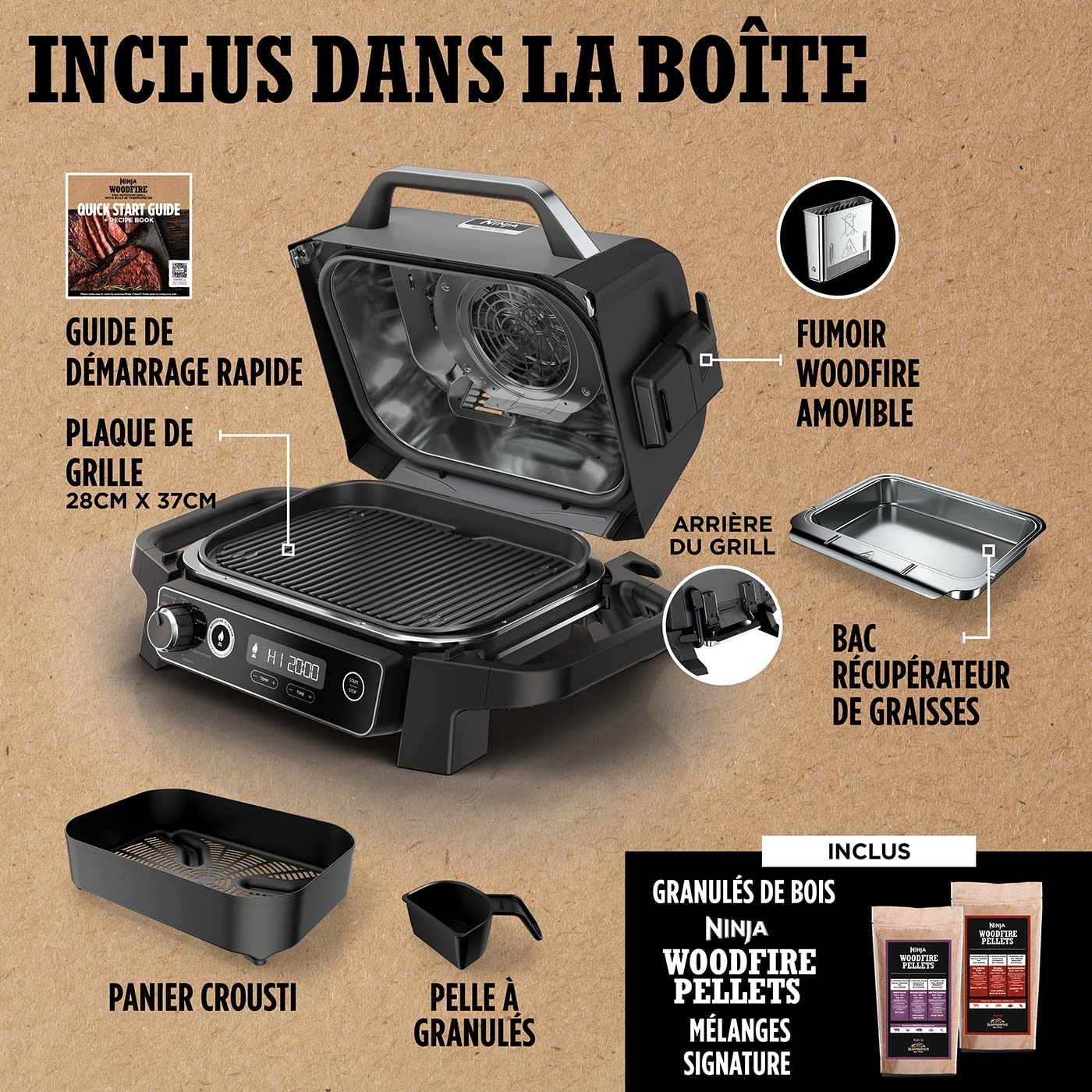 Ninja Woodfire barbecue électrique, grill, fumoir & air fryer, barbecue extérieur 7 en 1, grill, air fryer, fumer, rôtir, four, résistant aux intempéries, antiadhésif, portatif, gris/noir OG701EU