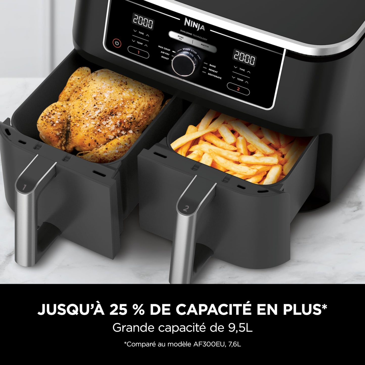 NINJA Foodi MAX Dual Zone Air Fryer, 2 Tiroirs, 9,5L, 6-en-1, Sans Huile, Air Fry, Croustillant Max, Rôtir, Cuire, Déshydrater, 8 Portions, Paniers Antiadhésifs Vont Au Lave-Vaisselle, Noir AF400EU