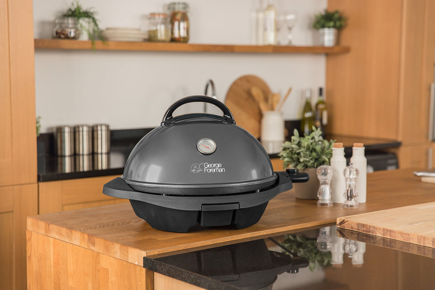 George Foreman Barbecue 2 en 1 électrique: Grill sur pied & de table (utilisation intérieure & extérieure, balcon & cuisine, Ø44,5cm, indicateur de température, bac à graisse, 2400W) 22460-56