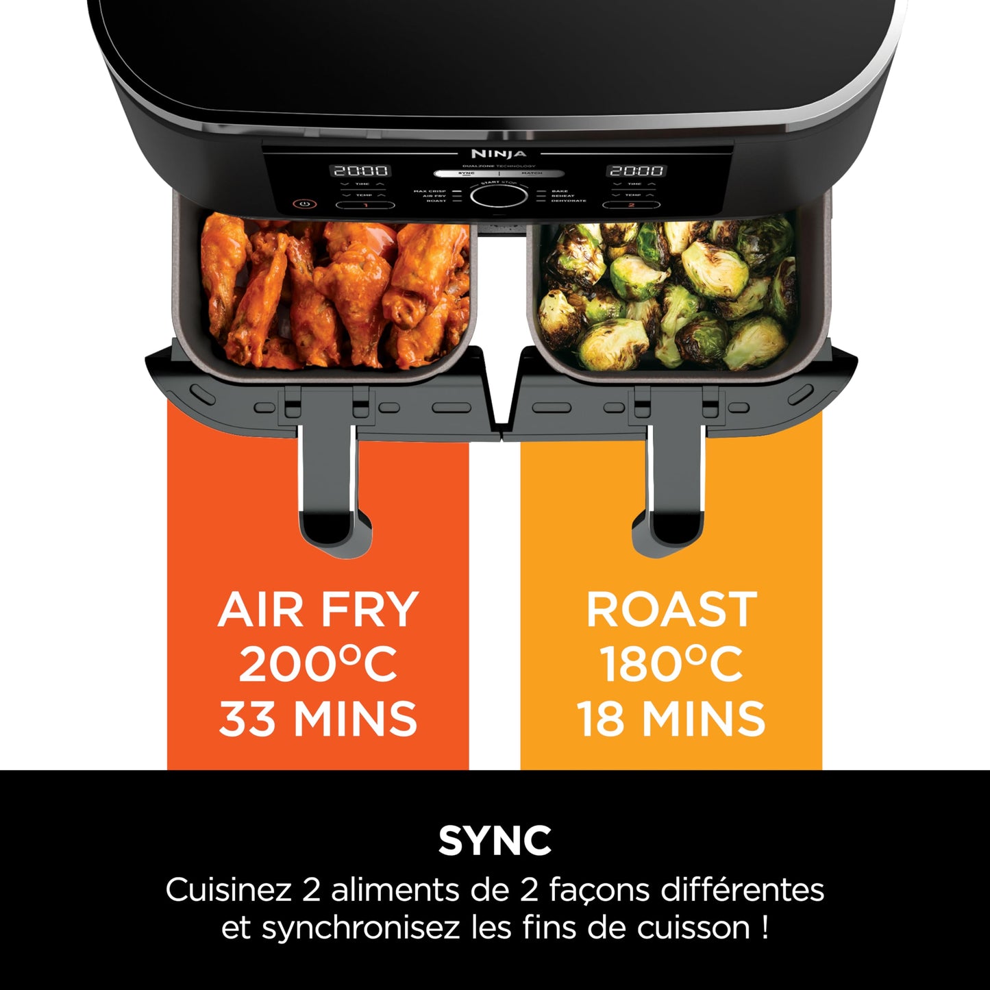 NINJA Foodi MAX Dual Zone Air Fryer, 2 Tiroirs, 9,5L, 6-en-1, Sans Huile, Air Fry, Croustillant Max, Rôtir, Cuire, Déshydrater, 8 Portions, Paniers Antiadhésifs Vont Au Lave-Vaisselle, Noir AF400EU