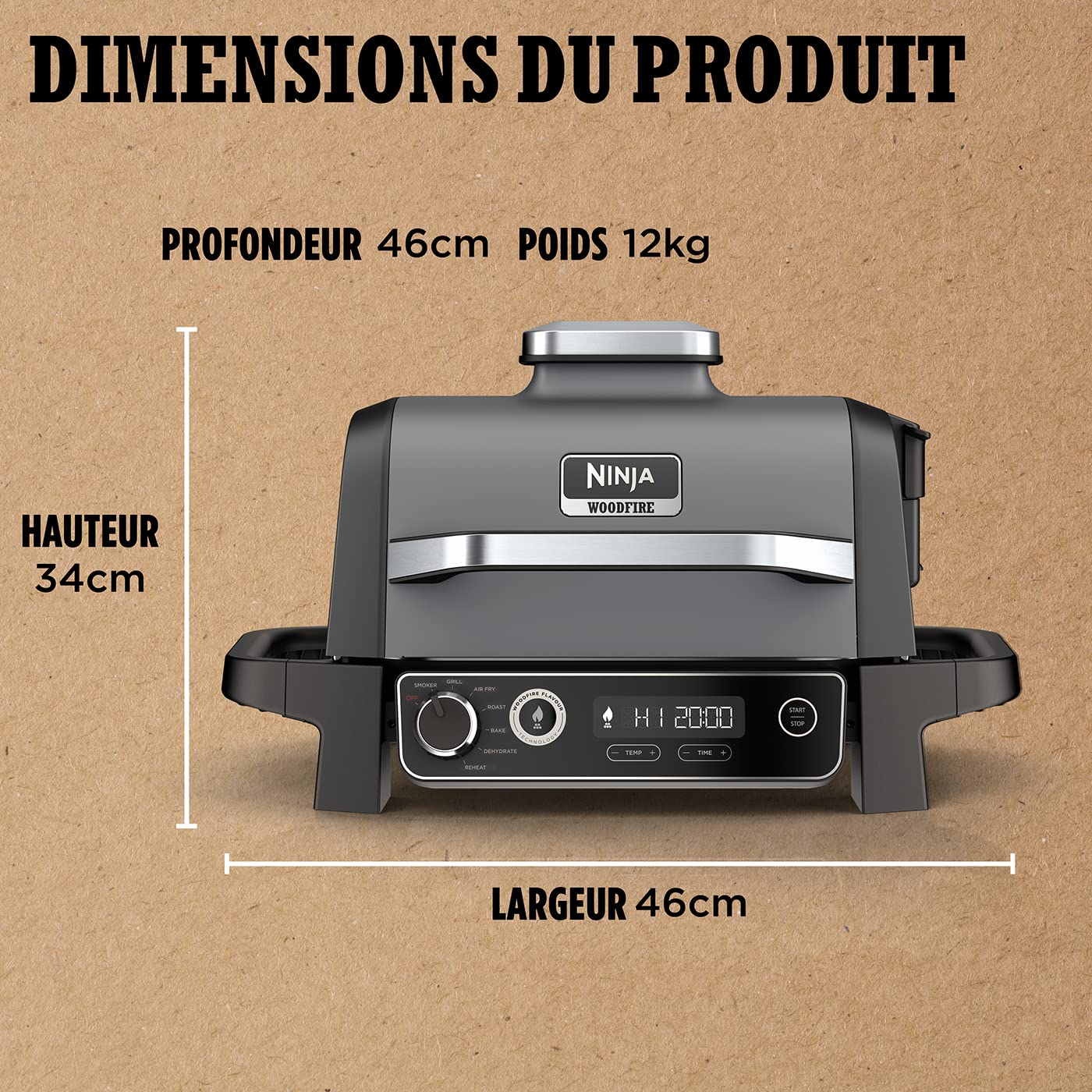 Ninja Woodfire barbecue électrique, grill, fumoir & air fryer, barbecue extérieur 7 en 1, grill, air fryer, fumer, rôtir, four, résistant aux intempéries, antiadhésif, portatif, gris/noir OG701EU