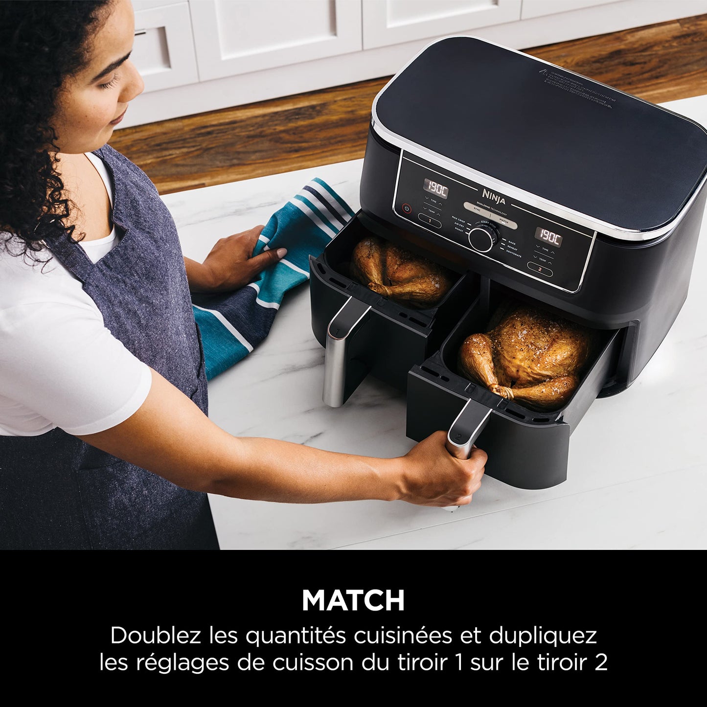 NINJA Foodi MAX Dual Zone Air Fryer, 2 Tiroirs, 9,5L, 6-en-1, Sans Huile, Air Fry, Croustillant Max, Rôtir, Cuire, Déshydrater, 8 Portions, Paniers Antiadhésifs Vont Au Lave-Vaisselle, Noir AF400EU