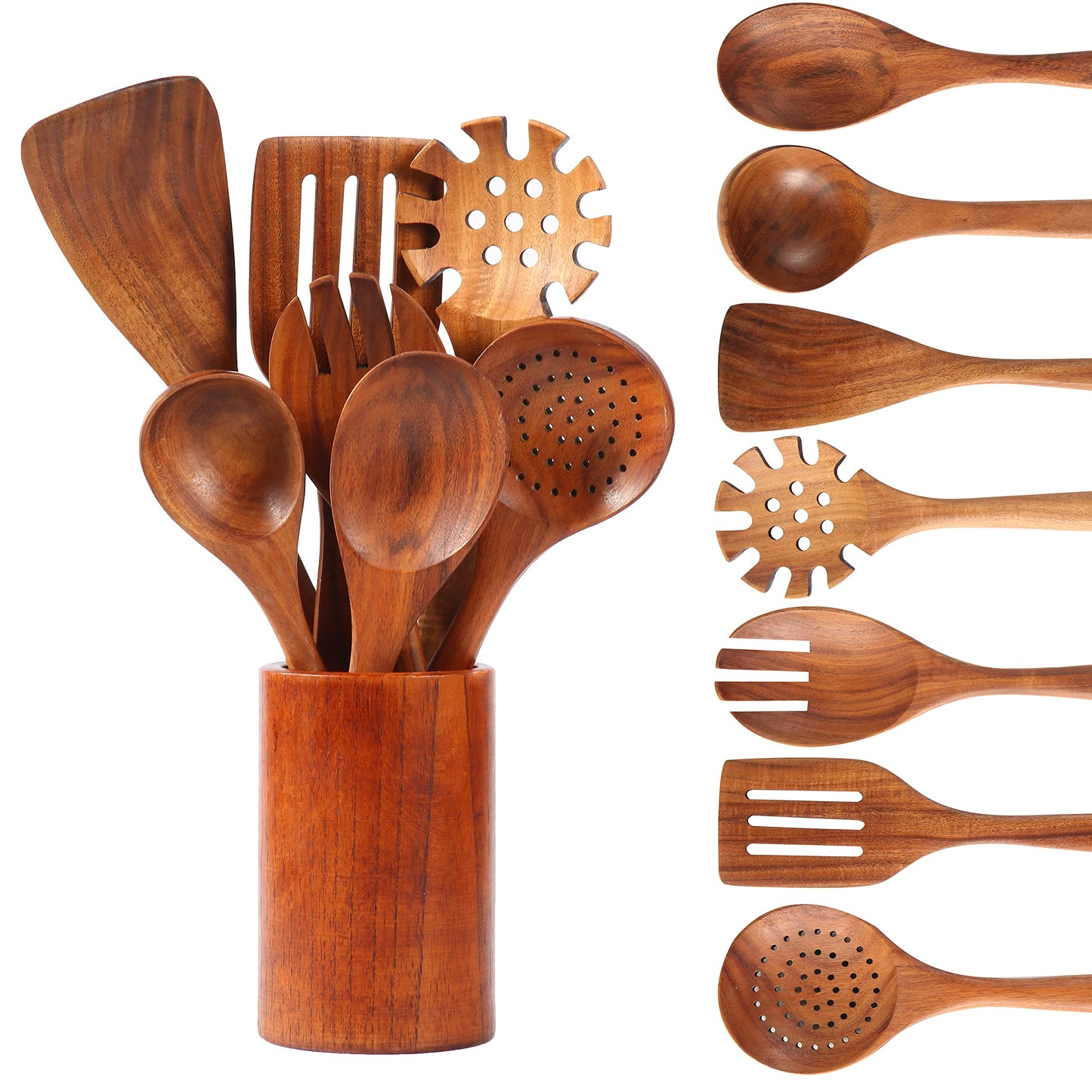 Nayahose Lot de 8 ustensiles de cuisine en bois, élégants, solides et antiadhésifs Cuillères et spatule en bois de teck Pour usage domestique et décoration de cuisine