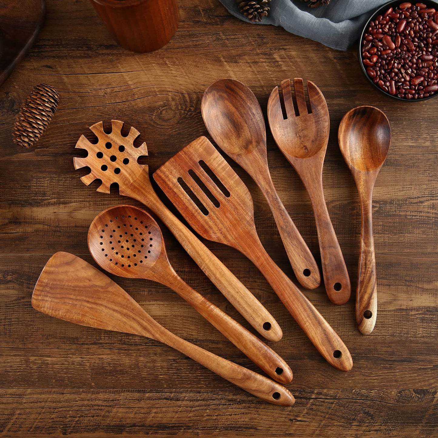 Nayahose Lot de 8 ustensiles de cuisine en bois, élégants, solides et antiadhésifs Cuillères et spatule en bois de teck Pour usage domestique et décoration de cuisine